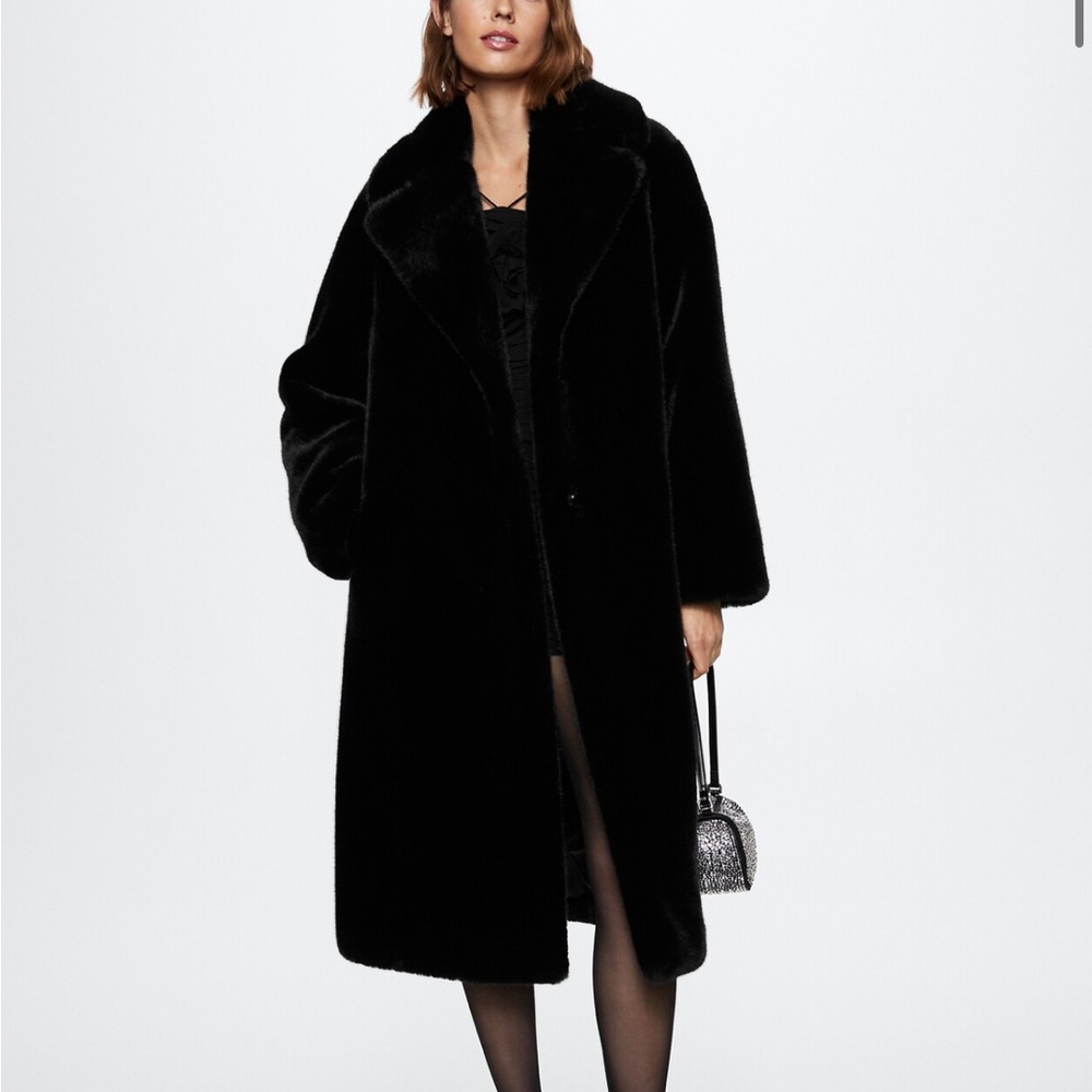 Mango Black Faux Fur Coat